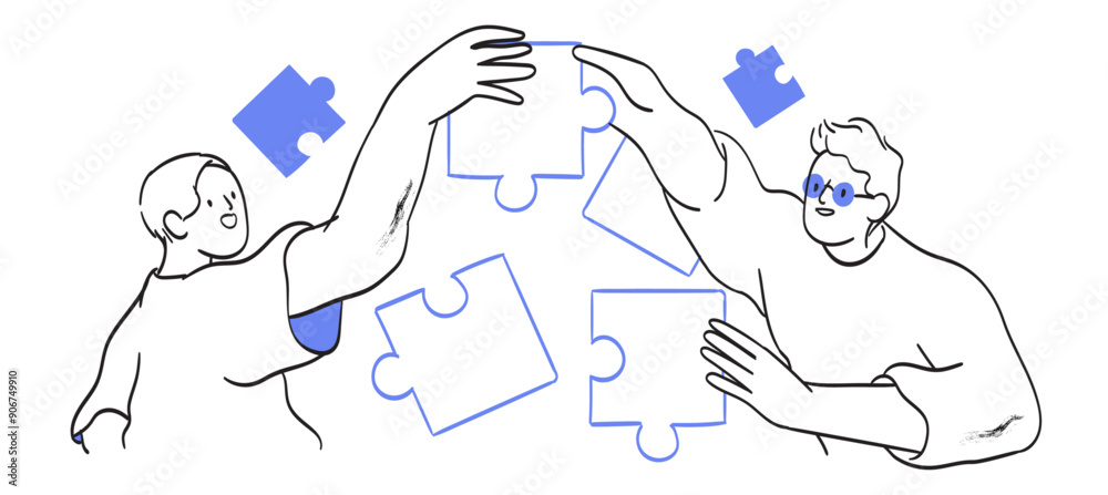 Teamwork team building concept. People connect jigsaw puzzle pieces together, employee make corporate business goal successful solution in collaboration, create company unity. Line vector illustration Teamwork team building concept. People connect jigsaw puzzle pieces together, employee make corporate business goal successful solution in collaboration, create company unity. Line vector illustration