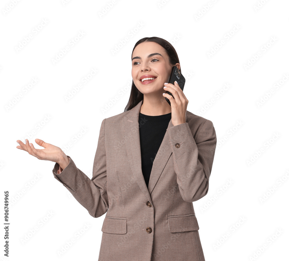 Beautiful woman in beige suit talking on phone against white background Beautiful woman in beige suit talking on phone against white background