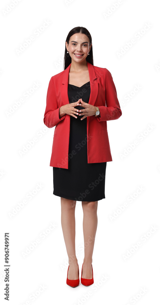 Beautiful woman in red jacket and black dress on white background