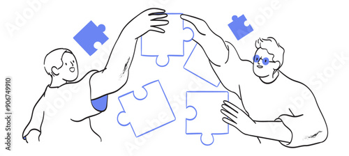 Teamwork team building concept. People connect jigsaw puzzle pieces together, employee make corporate business goal successful solution in collaboration, create company unity. Line vector illustration