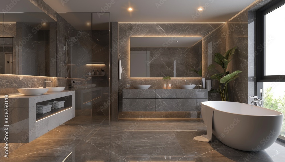 Luxurious Modern Hotel Bathroom: Elegant Marble Surfaces, Freestanding ...