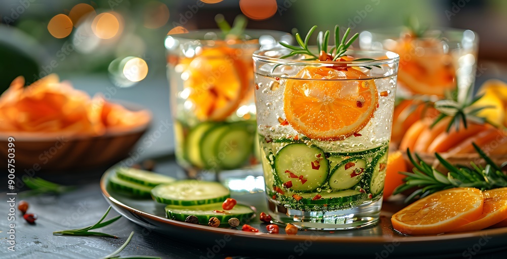 a glass of water with cucumbers and orange slices on a plate.
a glass of water with cucumbers and orange slices on a plate.