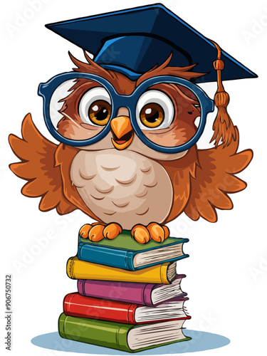 Owl teacher with books glasses and graduation cap