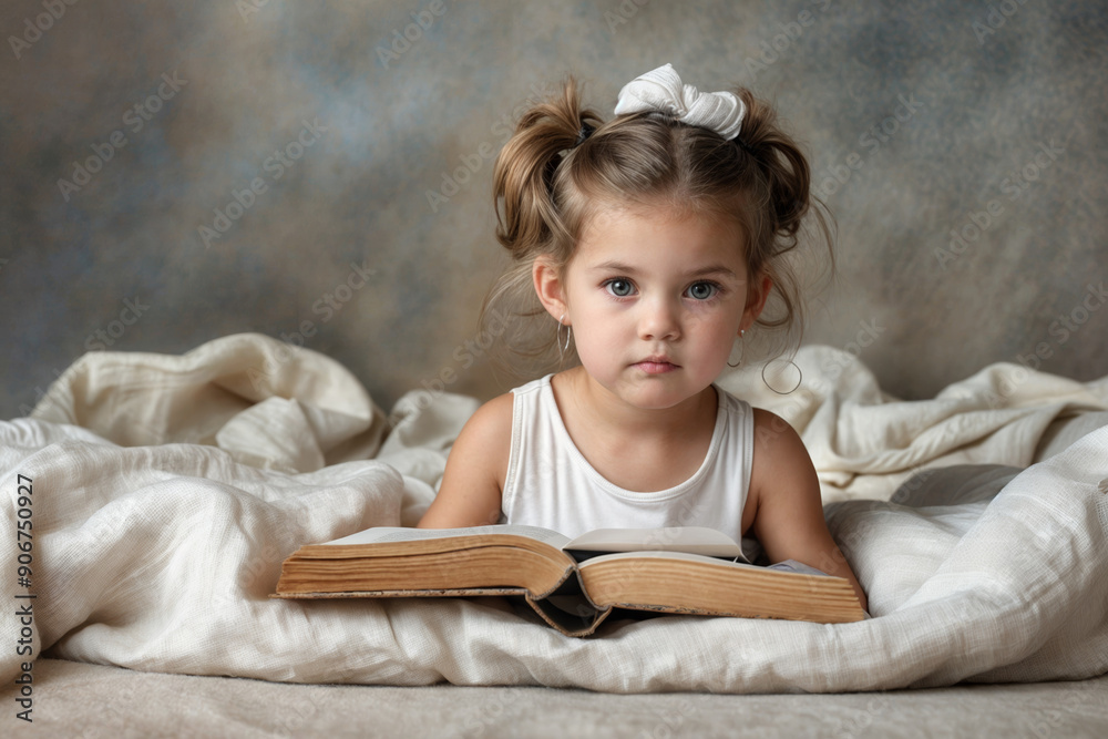 A young girl with pigtails and a white bow, wearing a white sleeveless top, is lying on a bed with white linens, intently reading a large book A young girl with pigtails and a white bow, wearing a white sleeveless top, is lying on a bed with white linens, intently reading a large book