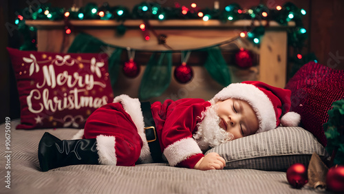 Cute baby boy sleeping on the bed wearing a red Santa Claus costume. Green, red background, Christmas atmosphere photo