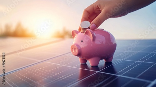 Woman's hand placing coin in piggy bank on solar panel