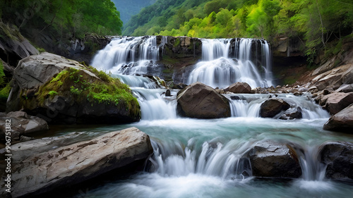 Beautiful mountain waterfalling background image and use it as your wallpaper. Ai generative