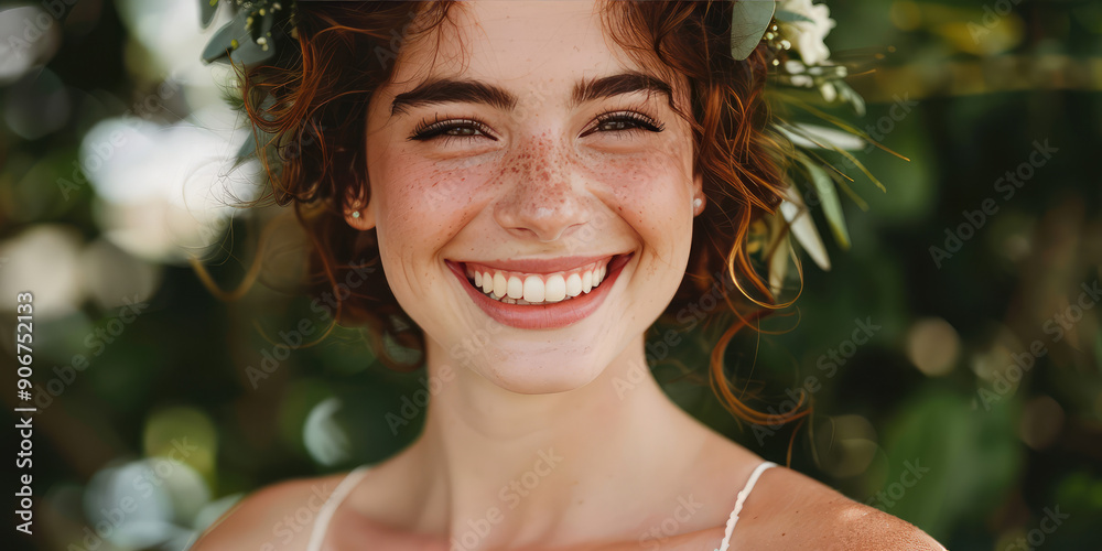 Young beautiful smiling woman in boho style wedding dress, curl hairstyle and wreath on her head Young beautiful smiling woman in boho style wedding dress, curl hairstyle and wreath on her head
