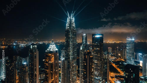 A view of a sparkling metropolis at night with the lights of tall buildings.