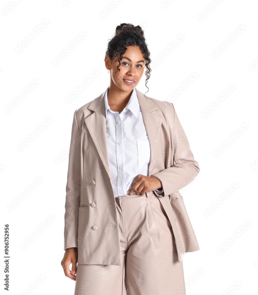 Beautiful woman in stylish jacket on white background Beautiful woman in stylish jacket on white background