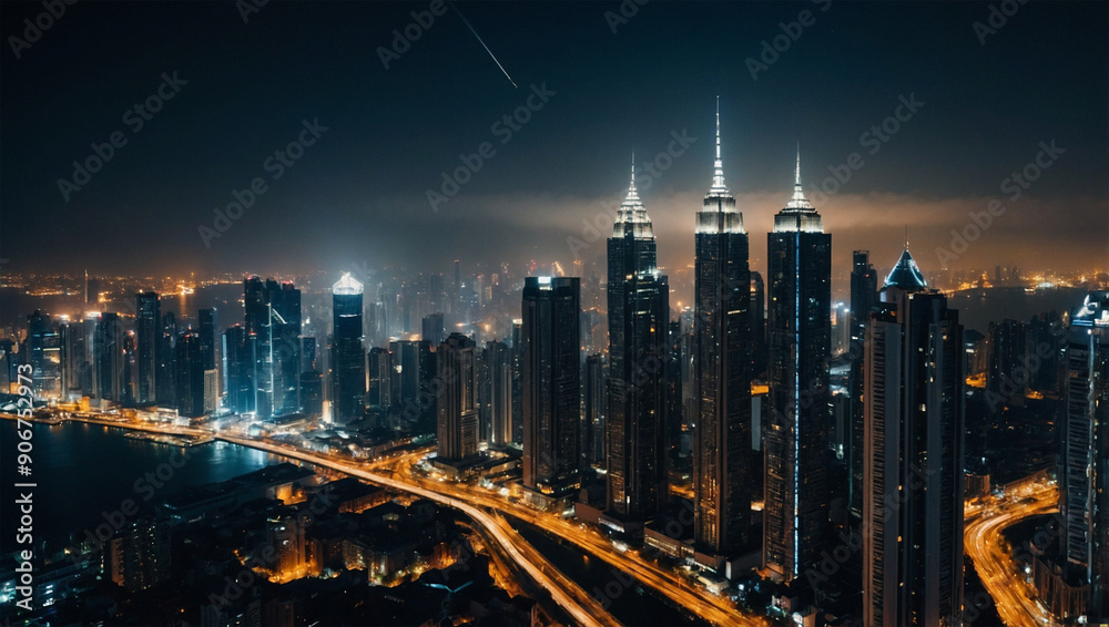 A view of a sparkling metropolis at night with the lights of tall buildings. A view of a sparkling metropolis at night with the lights of tall buildings.