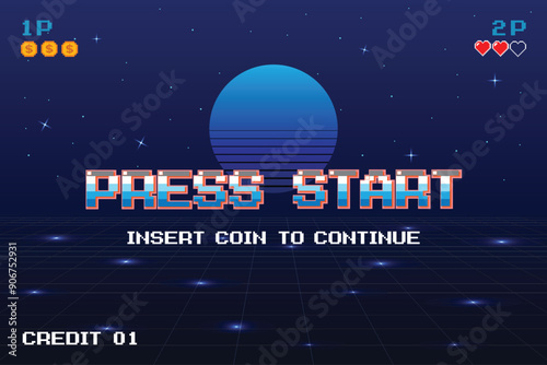 PRESS START INSERT A COIN TO CONTINUE .pixel art .8 bit game. retro game. for game assets .Retro Futurism Sci-Fi Background. glowing neon grid. and stars from vintage arcade computer games
