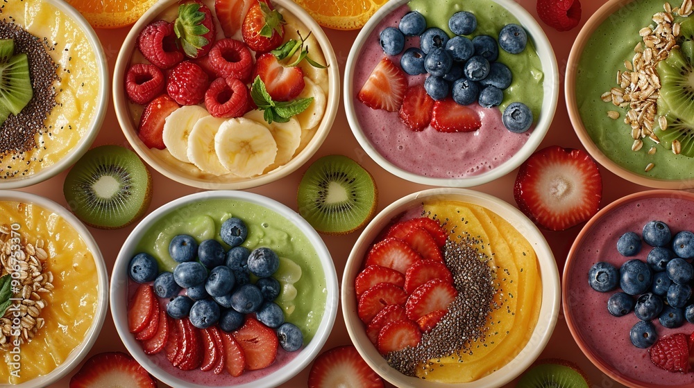 Colorful Smoothie Bowls with Fresh Fruit Colorful Smoothie Bowls with Fresh Fruit