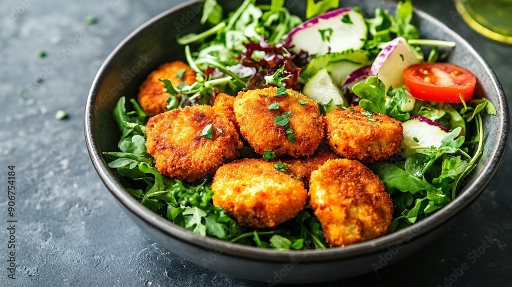 A bowl of vegan nuggets, made from plant-based ingredients, with a fresh green salad on the side A bowl of vegan nuggets, made from plant-based ingredients, with a fresh green salad on the side