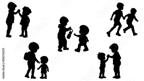Stylish silhouette set of kids taking care of each other