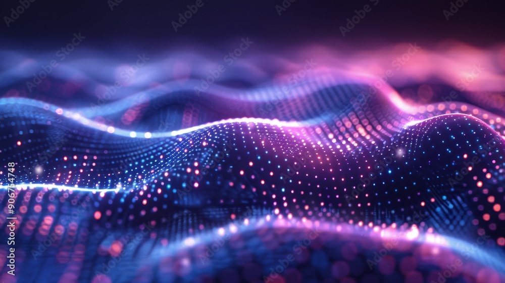 Abstract digital wave with glowing pink and blue particles. Futuristic technology background. Abstract digital wave with glowing pink and blue particles. Futuristic technology background.
