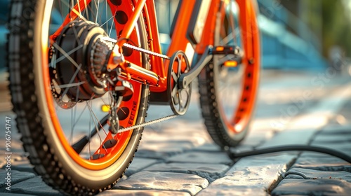 Wallpaper Mural Closeup of an orange electric bicycle wheel with a hub motor. The bike is parked on a cobblestone street. Torontodigital.ca