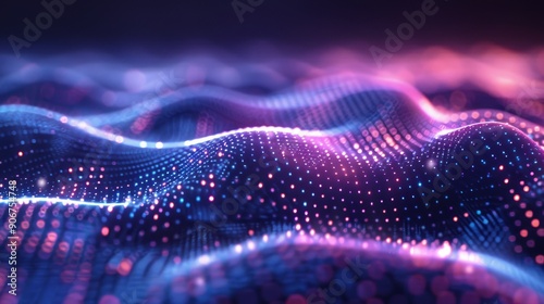 Abstract digital wave with glowing pink and blue particles. Futuristic technology background.