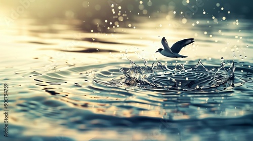 A lone bird takes flight over a water droplet splash, creating a ripple effect. The sunlight adds a warm glow to the scene. photo