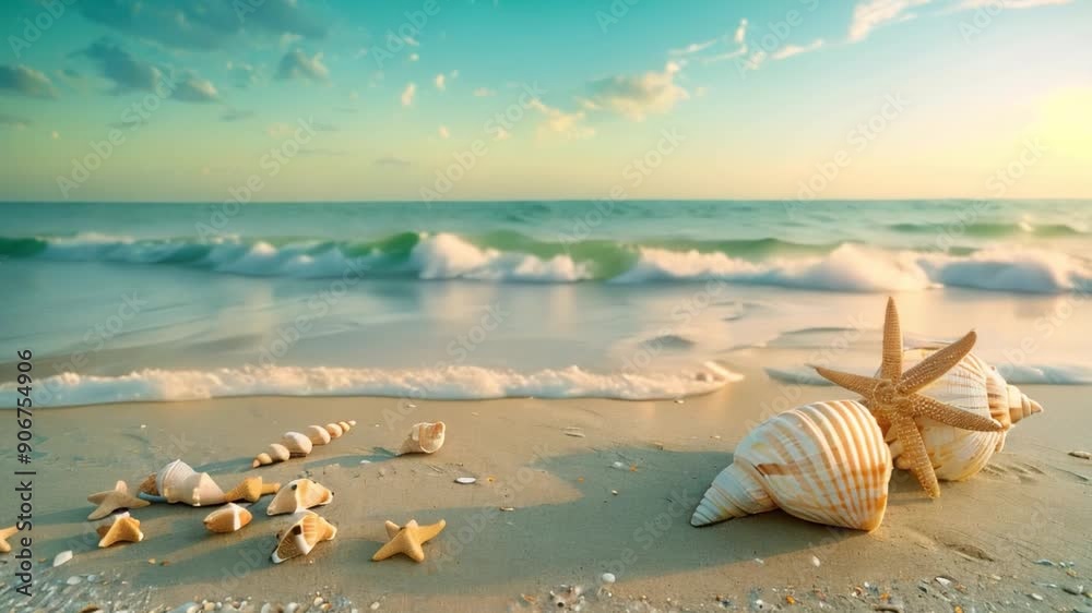 A seashore with shells, starfish, and conch shells on the sand, horizon, cloudless blue sky, few birds, and a calm sea