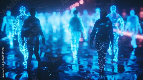 A group of glowing blue figures walk in a dark, futuristic environment.  Their forms shimmer and pulse with light, creating a sense of otherworldly presence. photo