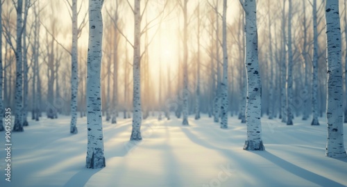 Winter Sunrise in Birch Forest With Snow-Covered Ground