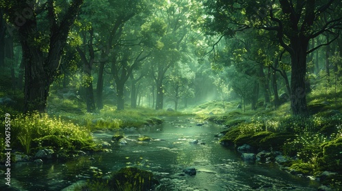 Enchanting Woodland Stream Flowing Through Lush Green Forest © Nice Seven