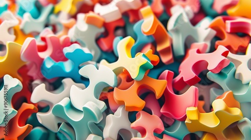 Colorful abstract puzzle pieces in a chaotic arrangement. photo