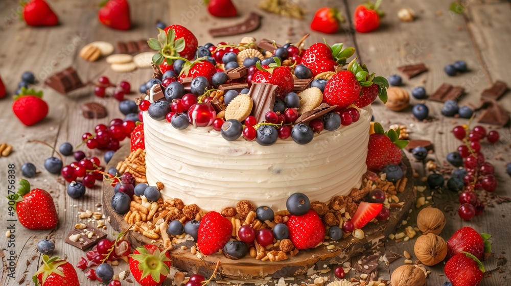 Sumptuous Dessert Cake Lavishly Adorned with Berries and Nuts Sumptuous Dessert Cake Lavishly Adorned with Berries and Nuts