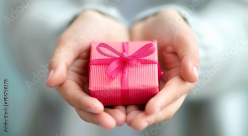 Gift Wrapped in Pink Ribbon Presented by Hands in Soft Light