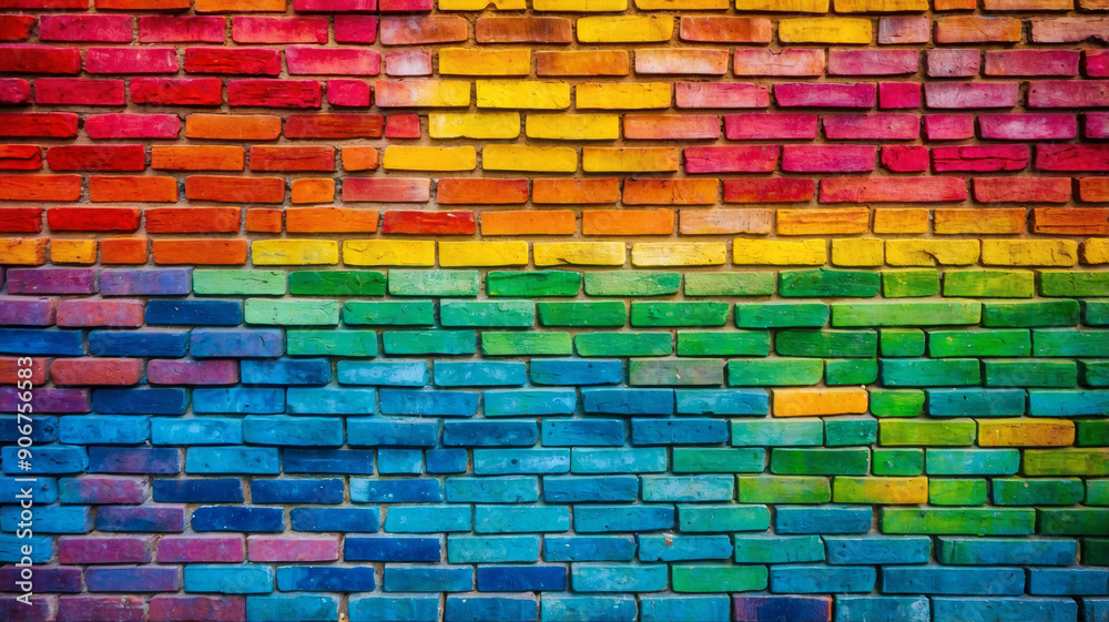 Bright brick wall with a gradient transition of colors reminiscent of a rainbow spectrum Bright brick wall with a gradient transition of colors reminiscent of a rainbow spectrum
