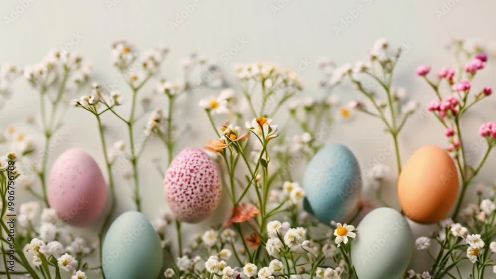 Easter eggs with different color coatings arranged alongside pretty flowers and branches on a spotless white background Easter eggs with different color coatings arranged alongside pretty flowers and branches on a spotless white background