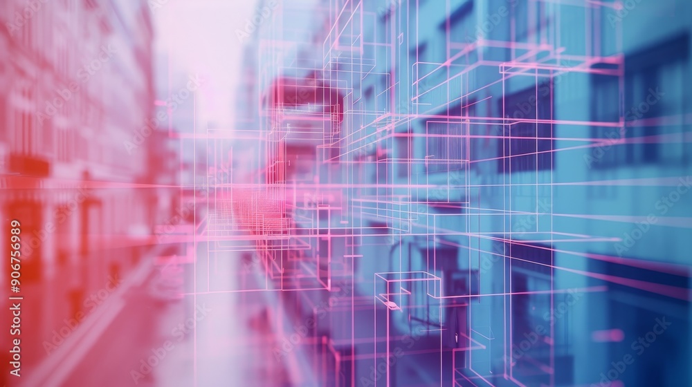 Abstract cityscape with red and blue lines overlayed, representing technology and urban life. Abstract cityscape with red and blue lines overlayed, representing technology and urban life.