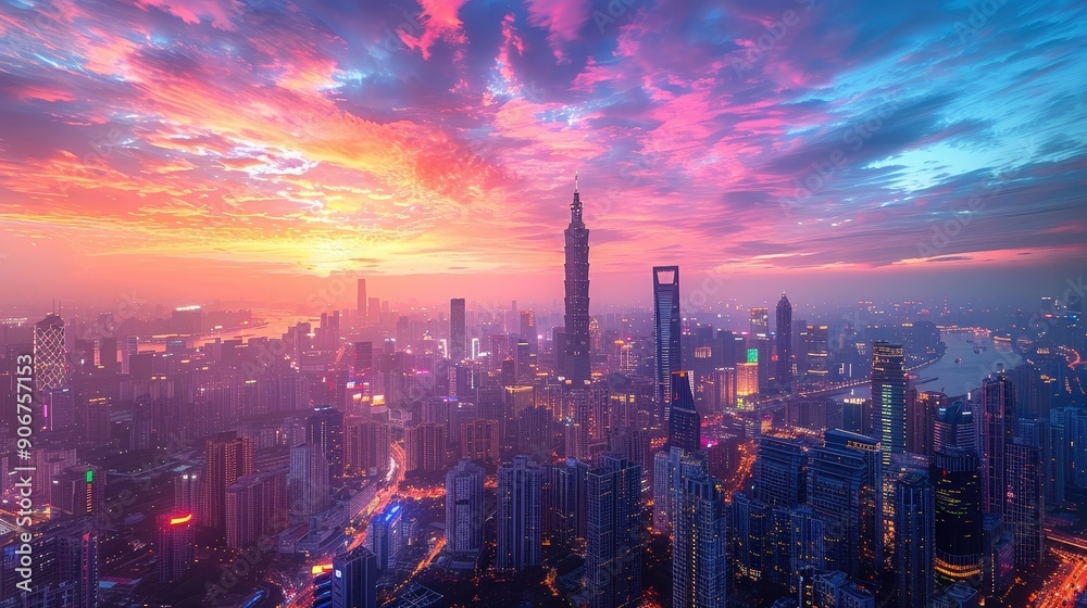 Fototapeta premium Majestic Sunset Over the Bustling Skyline of Shanghai, China