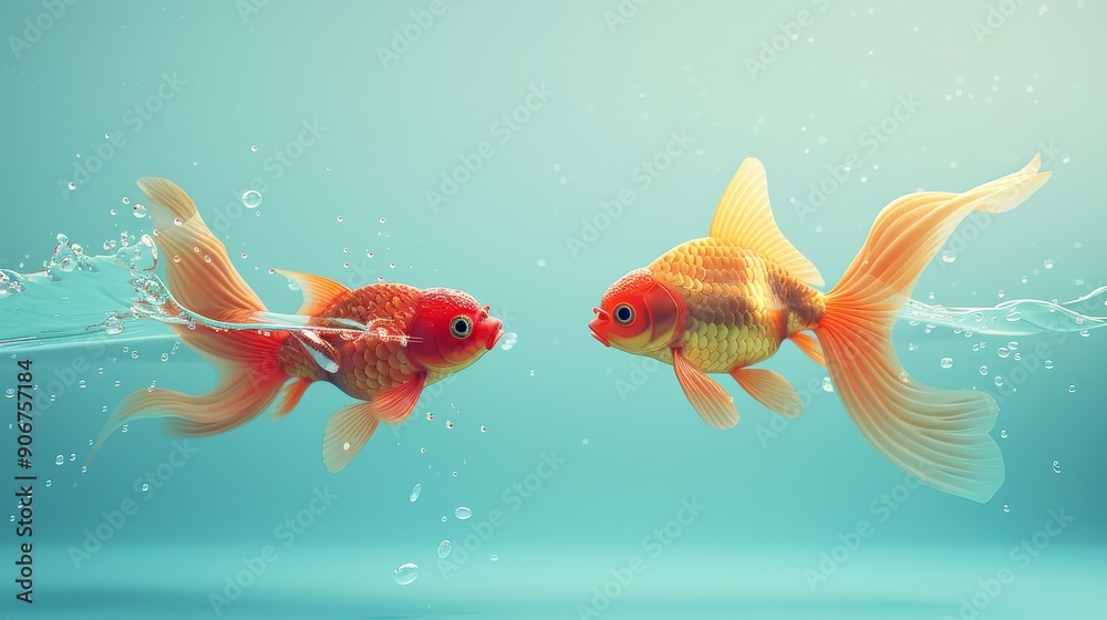 Two goldfish swimming towards each other in a turquoise water. Two goldfish swimming towards each other in a turquoise water.