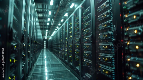 A modern server room filled with rows of illuminated data servers operating efficiently in low light.