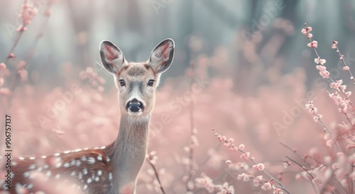 Fawn Stands Among Pink Blossoms in a Serene Spring Garden