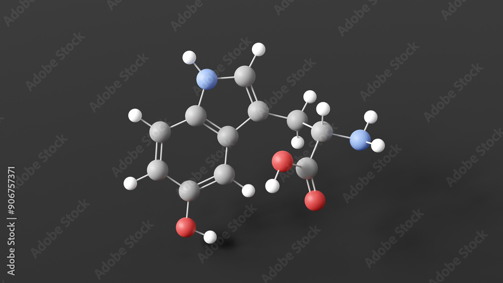 5-hydroxytryptophan molecule 3d, molecular structure, ball and stick model, structural chemical formula 5-htp