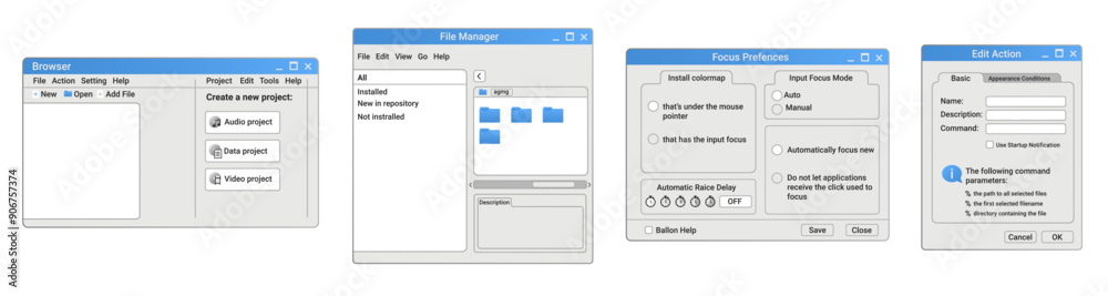 Retro set of system windows in blue style. Old browser with user interface options. Retro set of system windows in blue style. Old browser with user interface options.