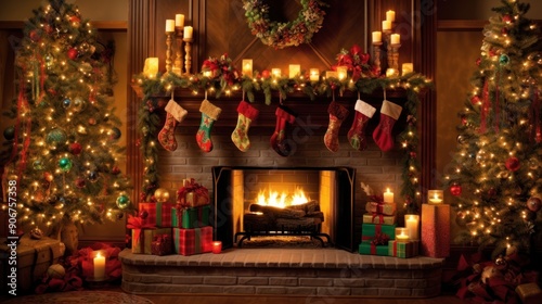 Cozy Christmas Fireplace with Decorated Trees and Presents © kartolo