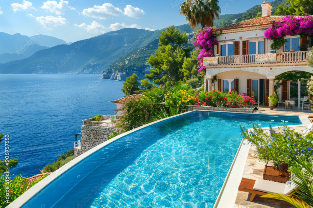 Fototapeta premium Luxurious villa on cliff over turquoise ocean. Beautiful modern house with vibrant flowers and pool on sea coast. Vacation home