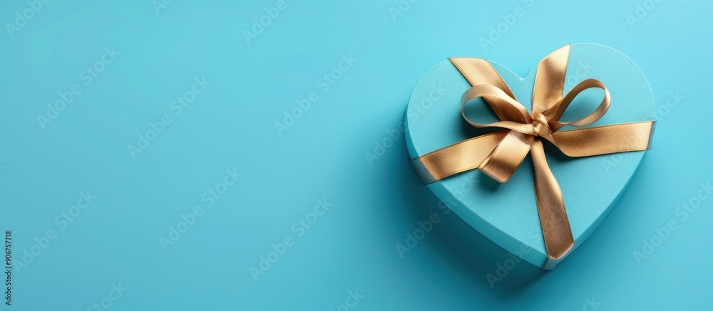 Heart-Shaped Gift Box with Golden Bow on Blue Background Heart-Shaped Gift Box with Golden Bow on Blue Background