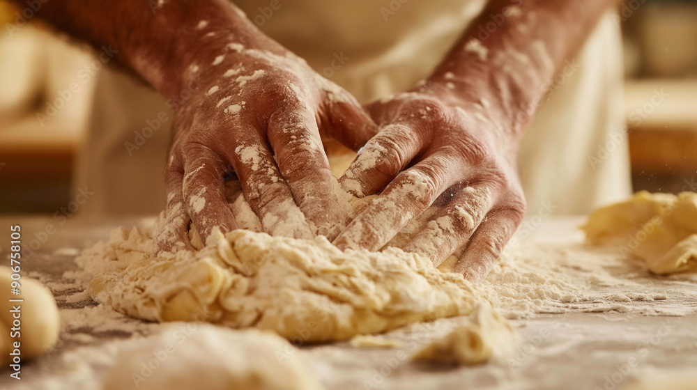 A person kneading dough in a rustic kitchen setting, showcasing traditional baking techniques and the art of making bread. A person kneading dough in a rustic kitchen setting, showcasing traditional baking techniques and the art of making bread.