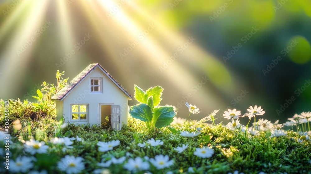 Miniature House Nestled in a Sunlit Field of Daisies and Moss Miniature House Nestled in a Sunlit Field of Daisies and Moss