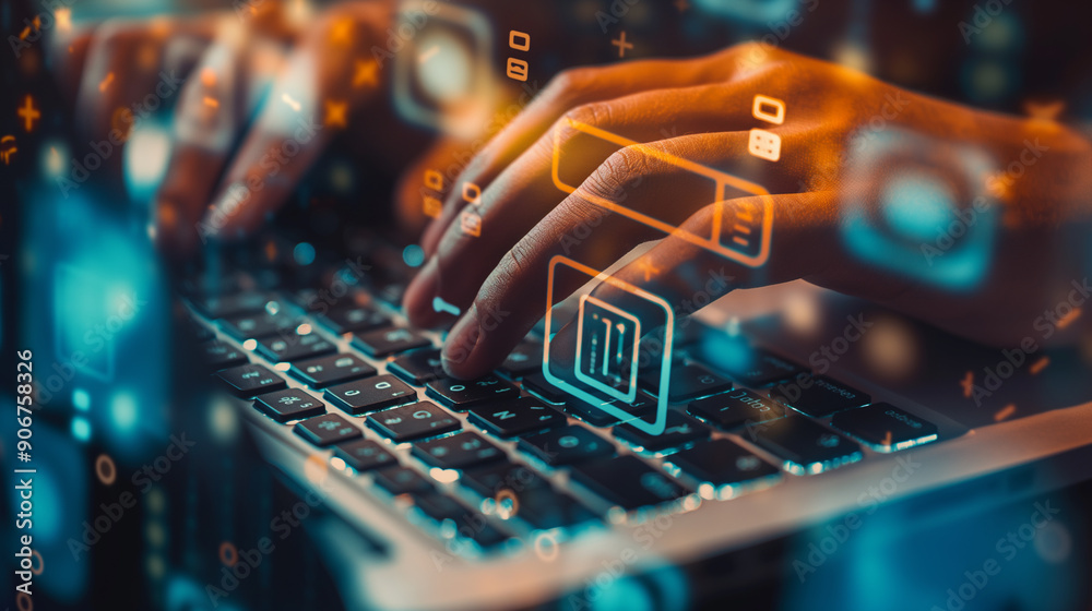Close-up of hands typing on a laptop keyboard with digital graphics overlay, symbolizing modern technology and data interaction. Close-up of hands typing on a laptop keyboard with digital graphics overlay, symbolizing modern technology and data interaction.
