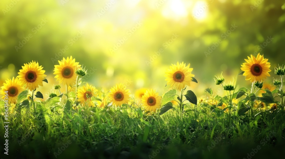 Fototapeta premium Sunflowers in a Field of Green with a Blurred Background