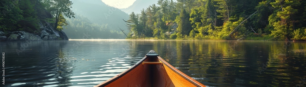 Obraz premium Tranquil Morning Canoe Ride on a Serene Lake Surrounded by Lush Forest and Misty Mountains