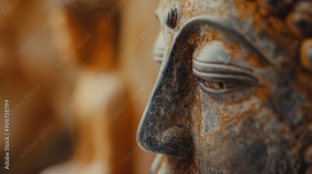 Fototapeta premium A close-up of a weathered Buddha statue with a peaceful expression and a warm, earthy color palette.