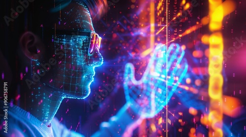 A man wearing glasses interacts with a digital interface, his hand glowing with light and data streams. The concept of virtual reality and digital interaction.