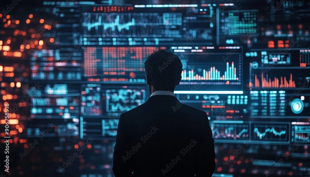 Financial Decision-Making: Businessman with Stock Market Analytics, businessman in front of a futuristic digital screen Financial Decision-Making: Businessman with Stock Market Analytics, businessman in front of a futuristic digital screen